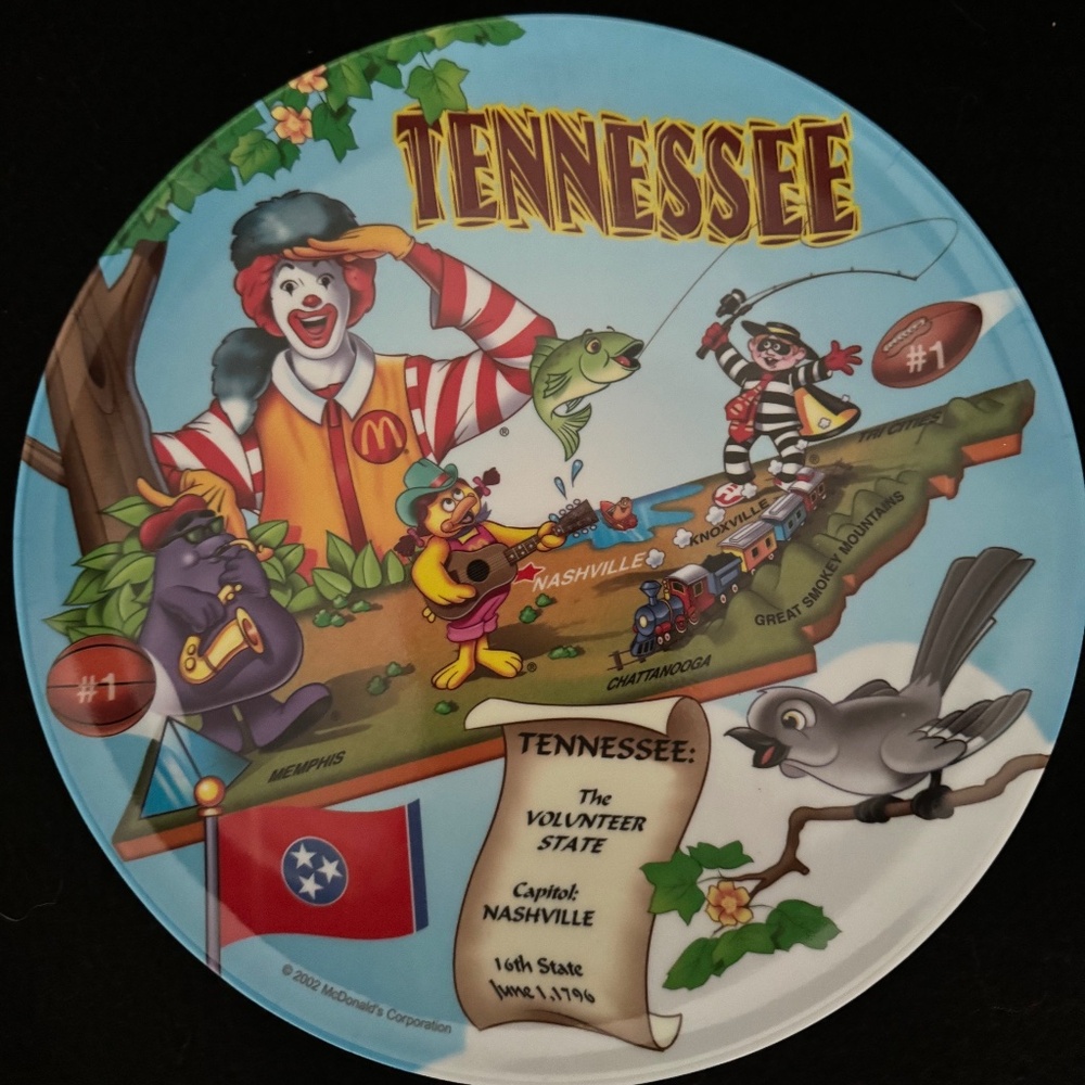 New 2002 Ronald McDonald’s 9 1/2” Tennessee Melamine Collectors Plate Vintage